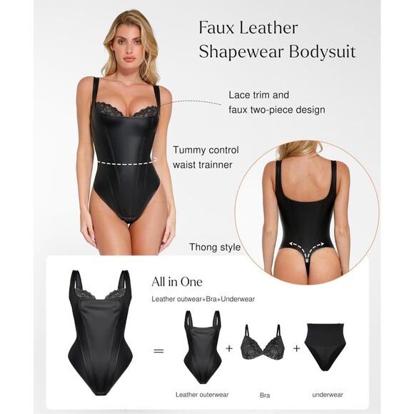 POPILUSH Shapewear Faux Leather Lace Balconette Sculpting Bodysuit 📦 - Picture 4 of 14
